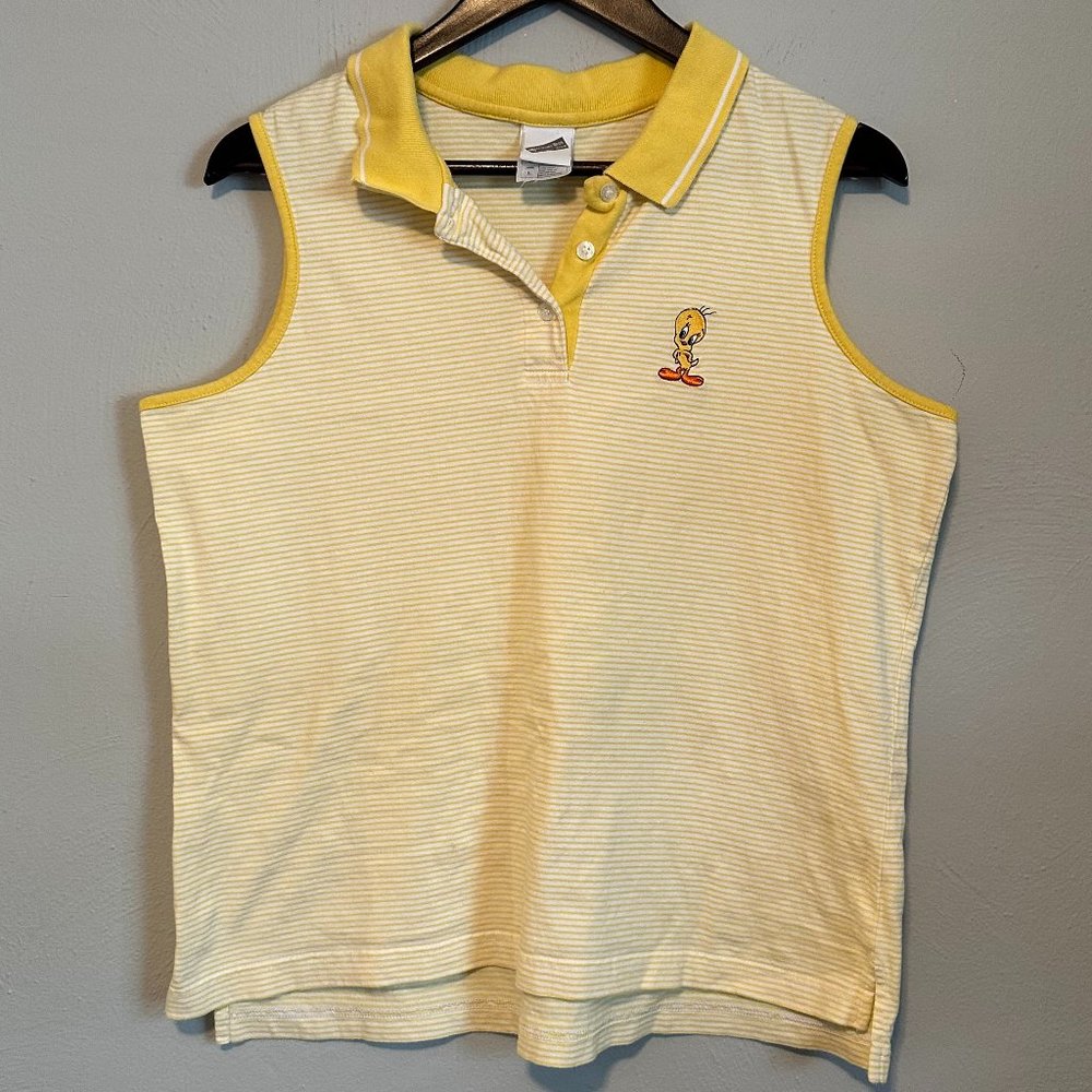 RETRO 00's Warner Bros Studio Tweety Bird Collared Striped Sleeveless Top Size L